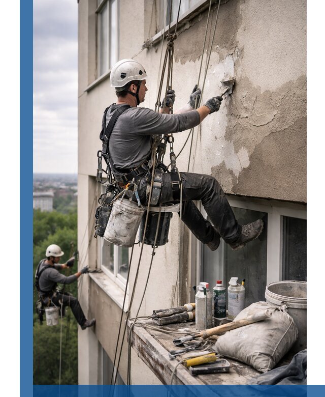 Косметический ремонт фасада зданий в Салехарде промышленными альпинистами