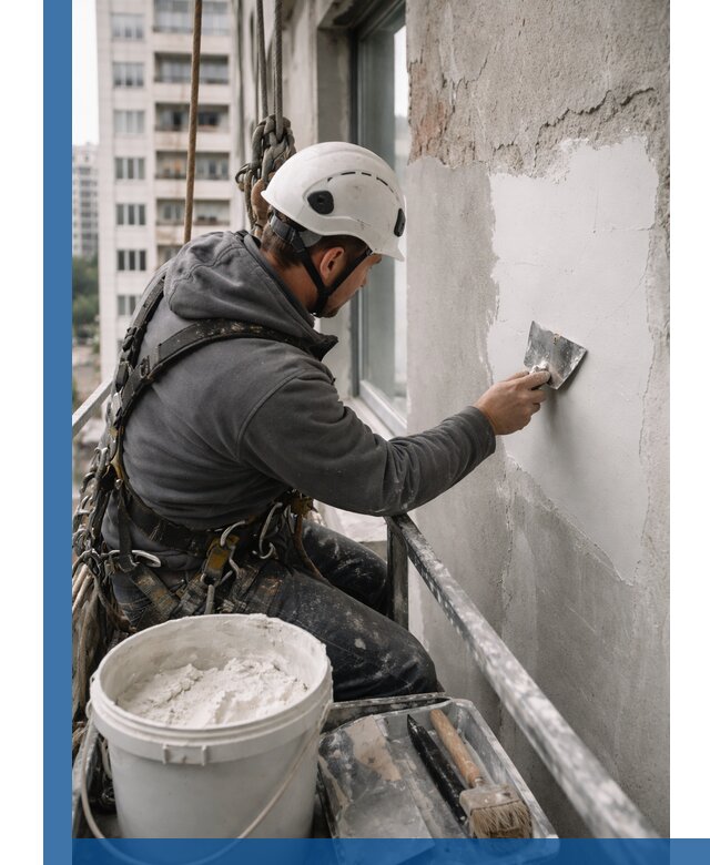 Шпаклевка фасадов на высоте с промальпинистами в Салехарде