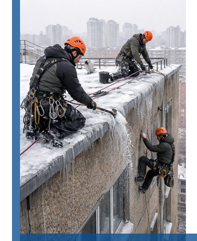 Удаление наледи с кровли в Салехарде промышленными альпинистами