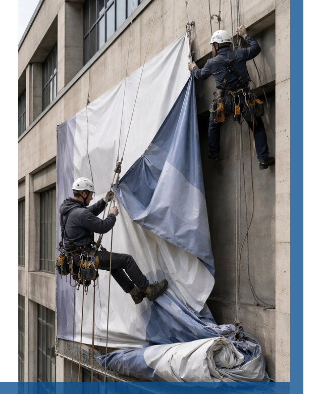 Демонтаж баннеров с фасада в Салехарде от 4817 р. | ВЫСОТНИК-Слх