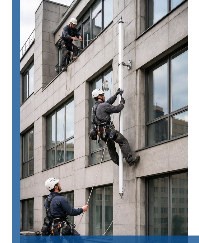 Монтаж флагштока на фасаде здания с креплением и герметикой в Салехарде