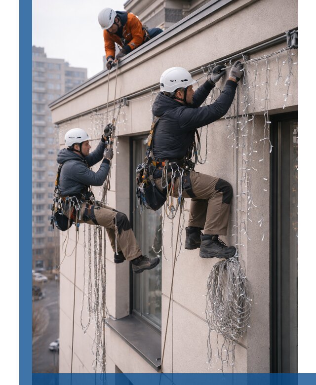 Монтаж праздничных гирлянд на фасаде в Салехарде для зданий