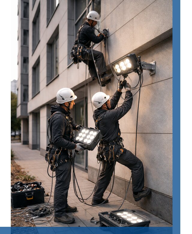 Монтаж прожекторов на фасаде в Салехарде от 8028 р. | ВЫСОТНИК-Слх