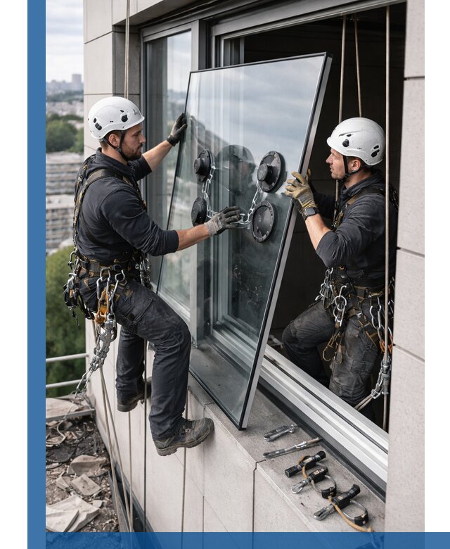 Замена стеклопакетов на высоте с промышленными альпинистами в Салехарде