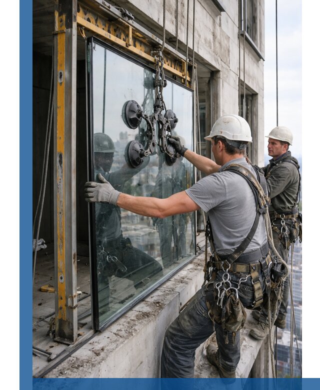 Монтаж стеклопакетов на высоте в Салехарде с промышленным альпинизмом