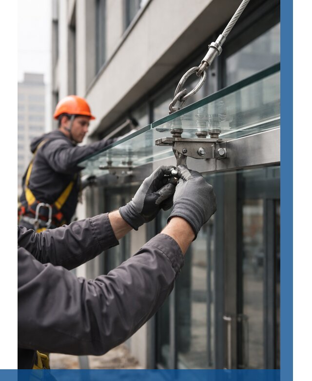 Монтаж стеклянных козырьков в Салехарде от 9098 р. | ВЫСОТНИК-Слх