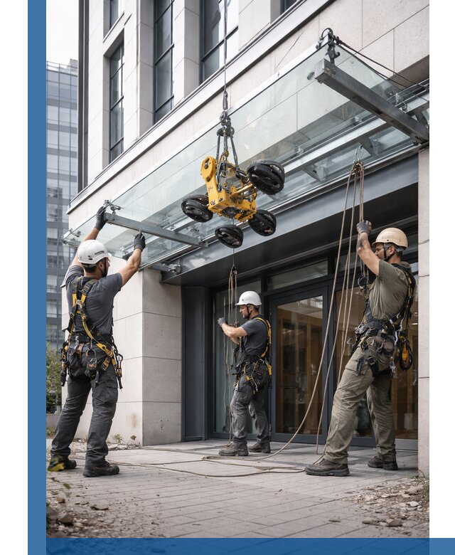 Монтаж стеклянных козырьков под ключ в Салехарде для зданий