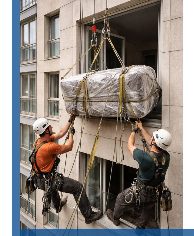 Подъем грузов через окно в Салехарде промышленными альпинистами