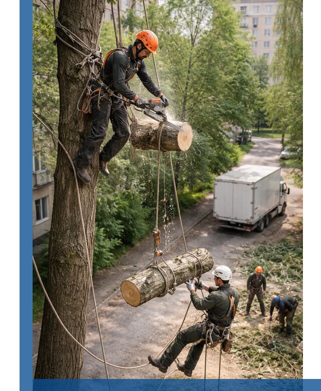 Спил деревьев альпинистами в Салехарде, безопасно и без повреждений
